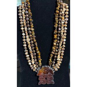 Multi-Strand 18" Sterling silver Necklace W/ Bronze Pearls Tigers Eye Jasper & C